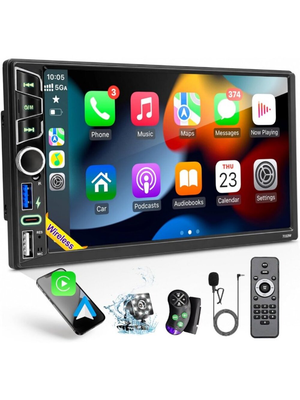 7-Inch Touchscreen Double Din Car Stereo with Wireless Apple CarPlay & Android